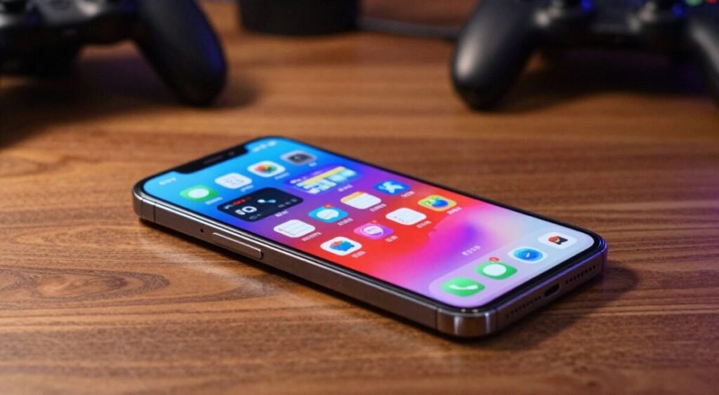 A sleek, modern smartphone lies on a polished wooden table, showcasing its vibrant interface. The screen displays a dynamic home screen filled with colorful app icons and widgets representing a user-friendly operating system designed for gaming. In the foreground, warm natural lighting glints off the phone’s surface, enhancing its glossy finish. In the middle, subtle reflections of ambient light give a sense of depth, while a blurred gaming setup with a console in the background sets a tech-savvy atmosphere. The angle is slightly tilted, emphasizing the smartphone's sleek curves. The overall mood is energetic and futuristic, capturing the essence of mobile gaming technology.