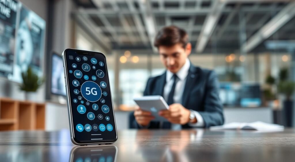 A sleek, modern smartphone prominently displayed in the foreground, showcasing its 5G SA compatibility on a clear, vibrant screen filled with network icons. The device is angled slightly to demonstrate its sleek design, reflecting light in a professional setting. In the middle ground, a blurred image of a tech-savvy individual, dressed in professional business attire, is attentively examining the phone, symbolizing evaluation and verification of 5G SA compatibility. The background features a soft-focus office environment with subtle technological elements like digital displays and futuristic decor, creating a knowledgeable and innovative atmosphere. Soft, natural lighting enhances the clarity and elegance of the scene, evoking a sense of trust and advancement in technology.