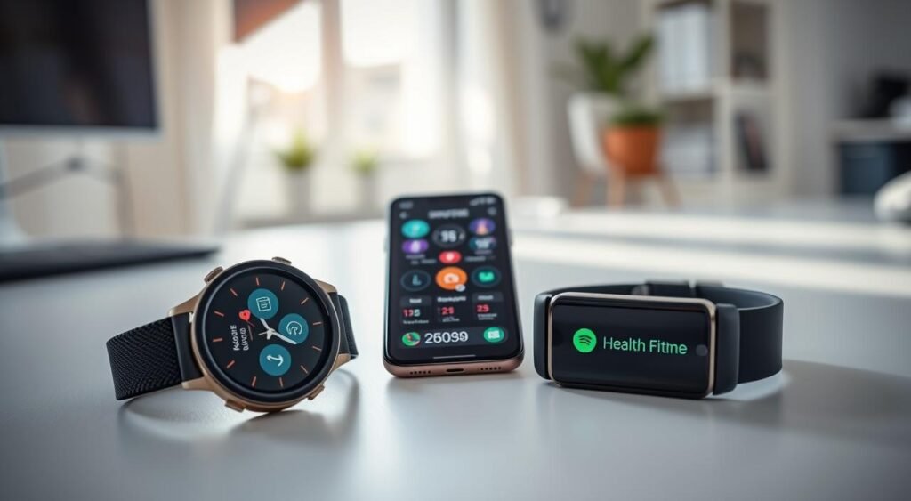 A sleek, modern smartwatch and smartband are prominently displayed in the foreground, showcasing their features like heart rate monitors and fitness tracking interfaces. In the middle, a smartphone lays beside the devices, with its screen illuminated and displaying various health and fitness apps that sync with the wearables. The background features a bright, minimalist home office environment, with soft natural light filtering through a window, enhancing the clean tech aesthetic. The overall mood is professional yet approachable, reflecting an active lifestyle. Use a shallow depth of field to emphasize the devices in clear focus while softly blurring the background. The composition should feel balanced, highlighting compatibility and the integration of technology into daily life.