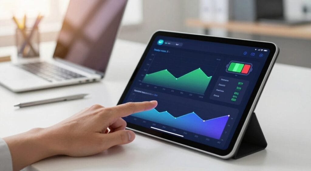 A sleek, modern tablet displaying a vibrant battery health monitoring interface, with colorful graphs and icons indicating battery status, charge cycles, and diagnostic data. The foreground features a hand gently tapping the screen, emphasizing interaction with the device. In the middle ground, there's an open workspace with a stylish desk, a laptop, and office supplies, subtly implying productivity. The background includes soft-focus blurred elements of a professional office environment, enhancing the atmosphere of technology and efficiency. The overall lighting is bright and inviting, with a slight warm tone to evoke a sense of reliability and modernity. The composition should look dynamic and engaging, reflecting the importance of battery health monitoring in a tech-oriented workspace.