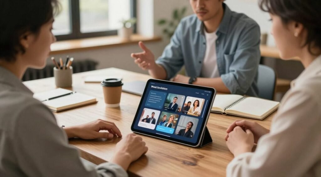 A sleek, modern tablet sits prominently on a stylish wooden desk, showcasing its dynamic screen filled with professional and entertainment applications. In the foreground, a diverse group of three professionals, two women and one man, are engaged in a focused discussion, dressed in smart casual attire. The middle of the image features a cozy workspace with notebooks and a coffee cup, establishing a productive atmosphere. In the background, warm, natural light streams through a large window, illuminating the space and creating a welcoming ambiance. The composition should emphasize a blend of work efficiency and leisure, with a contemporary feel, captured from a slightly elevated angle to give depth and perspective. The overall mood is one of inspiration and creativity, reflecting the versatility of the device.