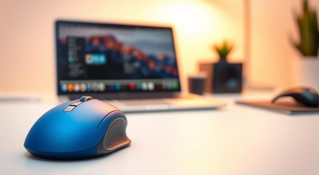 A sleek, modern vertical mouse positioned prominently in the foreground, showcasing its ergonomic design and textured grip. The mouse is a vibrant blue color with smooth curves and distinct buttons. In the middle ground, a blurred out laptop or desktop setup with a subtle hint of an office environment, including a clean desk and minimalistic accessories, creating a tech-savvy atmosphere. The background features soft, diffused lighting that enhances the professionalism of the scene, with a warm, inviting tone. The overall mood is one of comfort and efficiency, suggesting a practical tool for beginners looking to enhance their ergonomic experience during gaming or work. The camera angle captures the mouse from slightly above, emphasizing its shape and design.