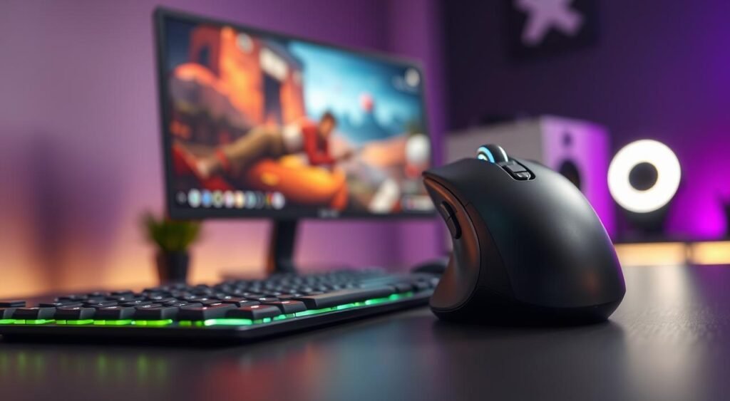 A sleek, modern vertical mouse prominently featured in the foreground, with a focus on ergonomic design and intricate details like thumb buttons and DPI settings. The mouse is set on a stylish gaming desk, with a soft, illuminated keyboard underneath. In the middle ground, a blurred gaming monitor displays a colorful, dynamic gaming scene, hinting at productivity and gaming efficiency. The background features a dimly lit room with ambient lighting that creates a tech-savvy atmosphere. The scene captures a professional, focused mood, highlighting the importance of proper posture and equipment setup. Use soft, diffused lighting to enhance the features of the mouse and desk, creating a polished look. The angle is slightly elevated, showcasing the mouse in use, complementing the ergonomic theme of reducing tension during extended use.