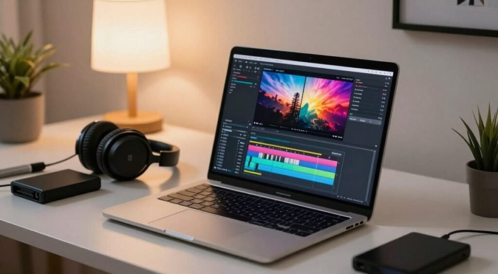 A sleek, modern workspace featuring a high-end laptop surrounded by video editing tools. In the foreground, the laptop screen displays an advanced video editing software interface, showcasing a timeline with colorful clips and a vibrant video preview. In the middle, there are professional headphones and external hard drives, emphasizing the tools essential for video editing. In the background, a well-organized desk is adorned with a light that casts a warm glow, creating a cozy yet professional atmosphere. The scene is captured with a soft focus on the background, drawing attention to the laptop in the center. The mood is inspirational and productive, embodying creativity and focus, suitable for someone looking to understand the essentials of selecting the right notebook for video editing.