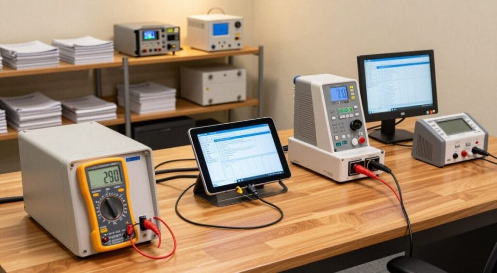 A sleek, modern workspace showcasing advanced battery testing equipment and tools. In the foreground, a sophisticated digital multimeter and a lithium-ion battery tester are displayed on a polished wooden desk. In the middle, a high-tech tablet device is connected to various diagnostic machines, with cables and displays illustrating data outputs. The background includes shelves filled with testing manuals and sophisticated testing rig setups, softly illuminated with warm, diffused lighting. The overall atmosphere is professional and high-tech, with an emphasis on innovation and precision. The image is captured from a slight overhead angle, revealing an organized and efficient testing environment without any distractions like text or logos.