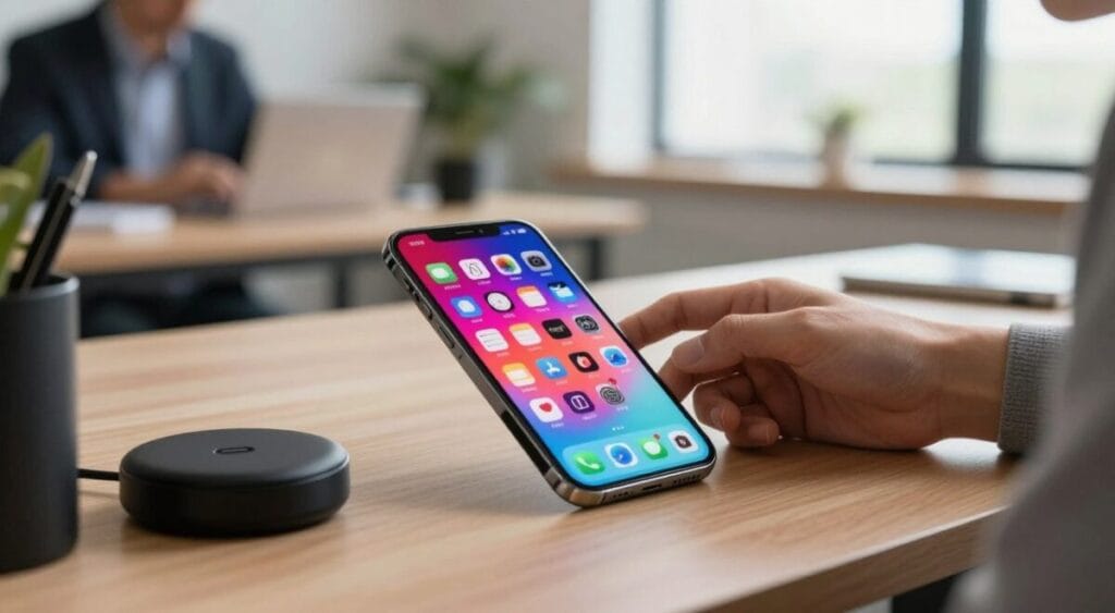 A sleek smartphone rests on a stylish desk cluttered only with essential tech gadgets like a wireless charger and headphones. In the foreground, the smartphone’s screen displays a vibrant, colorful interface with various app icons representing productivity, social media, and gaming. The background features a blurred modern office environment, accentuated by soft, natural light pouring through a large window, creating an inviting atmosphere. On the desk, a professional in casual attire is slightly blurred, engaging with the smartphone, reflecting the daily usage and performance aspect of these devices. The scene is framed with a warm tone, invoking a sense of productivity and modern lifestyle. The composition captures the essence of a busy yet organized workspace, showcasing the smartphone as an essential tool in everyday life. A sleek smartphone rests on a stylish desk cluttered only with essential tech gadgets like a wireless charger and headphones. In the foreground, the smartphone’s screen displays a vibrant, colorful interface with various app icons representing productivity, social media, and gaming. The background features a blurred modern office environment, accentuated by soft, natural light pouring through a large window, creating an inviting atmosphere. On the desk, a professional in casual attire is slightly blurred, engaging with the smartphone, reflecting the daily usage and performance aspect of these devices. The scene is framed with a warm tone, invoking a sense of productivity and modern lifestyle. The composition captures the essence of a busy yet organized workspace, showcasing the smartphone as an essential tool in everyday life.