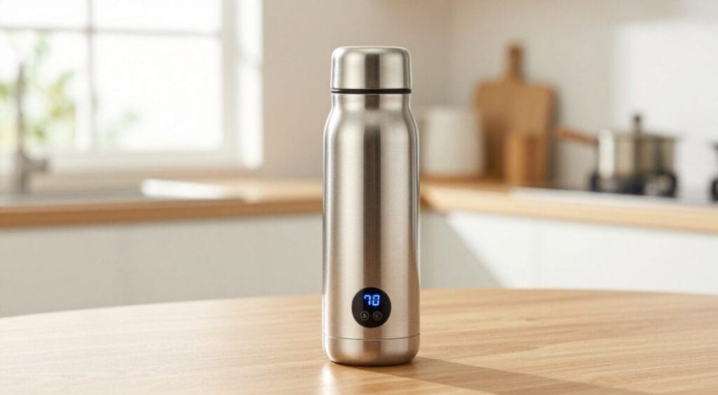 A sleek stainless steel thermal bottle with a vibrant LED display showcasing the temperature of its contents. The bottle is elegantly designed with a smooth finish and a modern shape, positioned on a wooden table in a bright, airy kitchen setting. In the background, soft natural light filters through a window, casting warm reflections on the bottle’s surface. The setting is minimalistic yet inviting, emphasizing the gadget's technological features. The focus is sharp on the bottle, highlighting the LED display's glow, while the background remains softly blurred to create a depth of field. The atmosphere is fresh and contemporary, reflecting a blend of functionality and style, perfect for hydration enthusiasts. 10 gadgets úteis até R$150 na Amazon que você não sabia que precisava.
