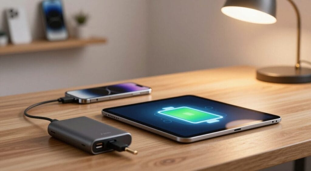 A sleek tablet placed on a modern wooden desk, with vibrant battery life icons emerging from the screen, illustrating tips for prolonging battery lifespan. In the foreground, a power bank and charging cable are neatly arranged to emphasize battery care. The middle ground features a soft-focus smartphone, reflecting a professional workspace ambiance, with a warm desk lamp casting gentle light, enhancing focus and clarity. In the background, a blurred wall-mounted shelf displays tech gadgets, hinting at a digital environment. The overall mood is professional and inspiring, highlighting innovation and productivity. The lighting is warm and inviting, with a soft focus on the tablet, ensuring no text or distractions are present.