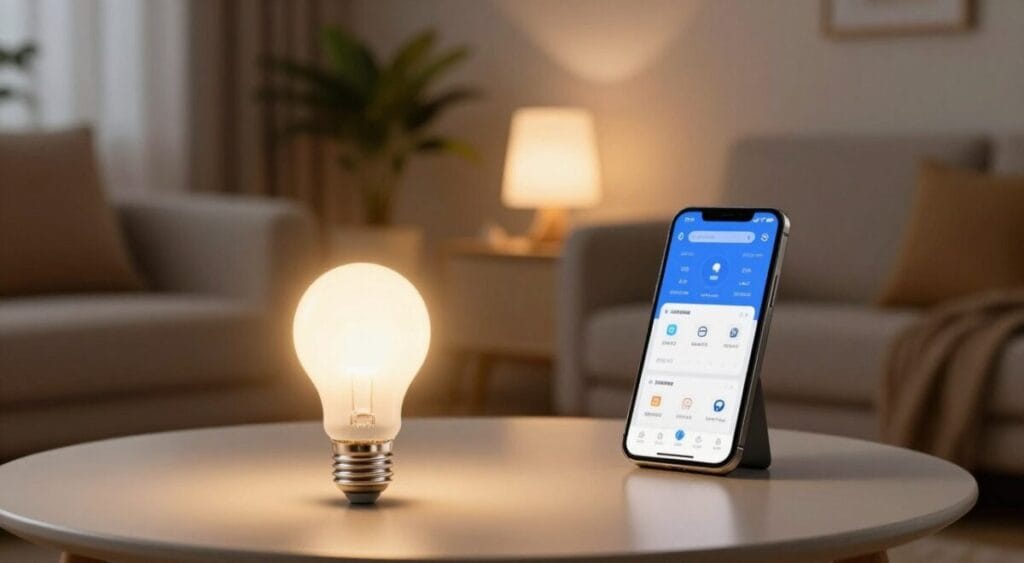 A smart Wi-Fi light bulb, glowing softly in a cozy, modern living room setting. The foreground features the light bulb on a stylish minimalist table, casting a warm, inviting glow. In the middle, a sleek lamp connects to a smartphone showing a user-friendly app interface that illustrates automation features. The background showcases a tastefully decorated room with subtle decor elements like indoor plants and a comfortable couch, creating a welcoming atmosphere. The lighting is warm and soft, highlighting the bulb's design and the app's interface. The overall mood is innovative and tech-savvy, emphasizing home automation in a stylish, relatable context. 10 gadgets úteis até R$150 na Amazon que você não sabia que precisava.