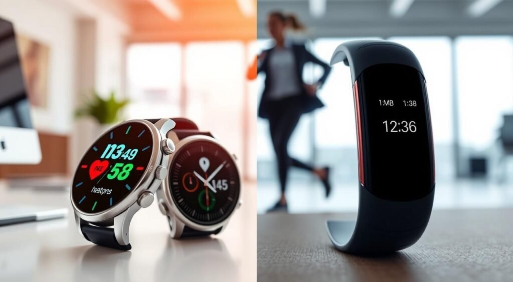 A split composition showcasing the key differences between a smartwatch and a smartband. In the foreground, a sleek smartwatch with a vibrant display, showcasing health metrics like heart rate and steps, and beside it, a minimalistic smartband with a simple interface displaying similar data. The middle ground features a clean workspace with soft, diffused natural lighting, emphasizing a modern and tech-savvy atmosphere. In the background, a blurred silhouette of a person in professional attire casually exercising, symbolizing an active lifestyle. The angle should be slightly above eye level, allowing viewers to focus on both devices. The mood is informative and engaging, appealing to health-conscious individuals considering their options.