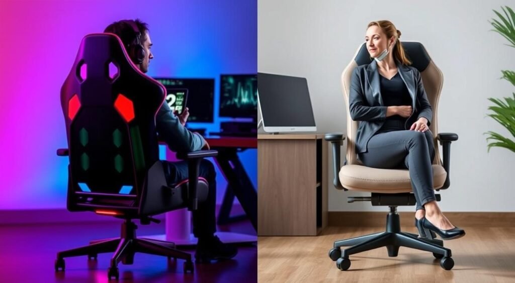 A split-screen comparison of a gaming chair and an ergonomic chair, highlighting lumbar support features. On the left, a sleek, modern gaming chair with vibrant LED lighting, showing a gamer seated in professional attire, back positioned to emphasize lumbar support. On the right, a sophisticated ergonomic office chair with subtle, natural colors, featuring a model dressed in smart casual clothing, demonstrating relaxed posture and comfort. The background features a soft gradient to separate the two environments - a vibrant gaming setup on the left and a serene office space on the right. The lighting should be bright and focused on the chairs, accentuating their design and functionality, creating a professional yet inviting atmosphere that illustrates the theme of spinal health and comfort.