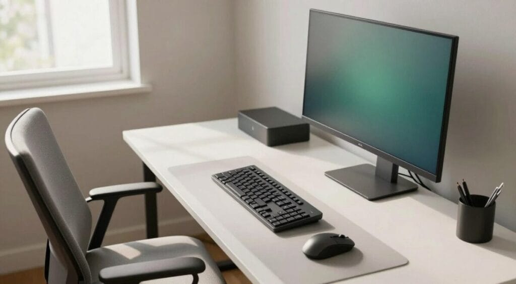 A stylish and functional home office setup that emphasizes quality, design, and cost-effectiveness. In the foreground, a sleek, ergonomic mouse and keyboard are arranged neatly on a modern desk. A supportive monitor stand elevates a crisp, high-resolution display, showcasing an organized workspace. The middle ground features a stylish office chair with clean lines and comfortable cushions, positioned to enhance productivity. In the background, soft, natural light streams through a window, casting gentle shadows that create a serene atmosphere. The overall color palette is calming, with light neutrals and greens, enhancing the professional vibe. The scene is captured from a slightly elevated angle, showcasing a sense of order and efficiency, perfect for inspiring a productive work environment. A stylish and functional home office setup that emphasizes quality, design, and cost-effectiveness. In the foreground, a sleek, ergonomic mouse and keyboard are arranged neatly on a modern desk. A supportive monitor stand elevates a crisp, high-resolution display, showcasing an organized workspace. The middle ground features a stylish office chair with clean lines and comfortable cushions, positioned to enhance productivity. In the background, soft, natural light streams through a window, casting gentle shadows that create a serene atmosphere. The overall color palette is calming, with light neutrals and greens, enhancing the professional vibe. The scene is captured from a slightly elevated angle, showcasing a sense of order and efficiency, perfect for inspiring a productive work environment.