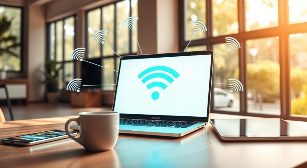 A stylish and modern workspace featuring an open laptop displaying a Wi-Fi signal icon on the screen, surrounded by a smartphone and a tablet, all connected through animated lines representing wireless signals. In the foreground, a cup of coffee sits beside the laptop, creating a cozy atmosphere. In the middle, the laptop screen is bright and vibrant, showcasing the Wi-Fi symbol clearly. In the background, a light-drenched room with large windows reveals a green urban landscape, signifying mobility and connectivity. The lighting is warm and inviting, casting soft shadows, while the angle is slightly angled from above to create depth. The overall mood is productive and innovative, reflecting the importance of Wi-Fi connectivity in daily life.