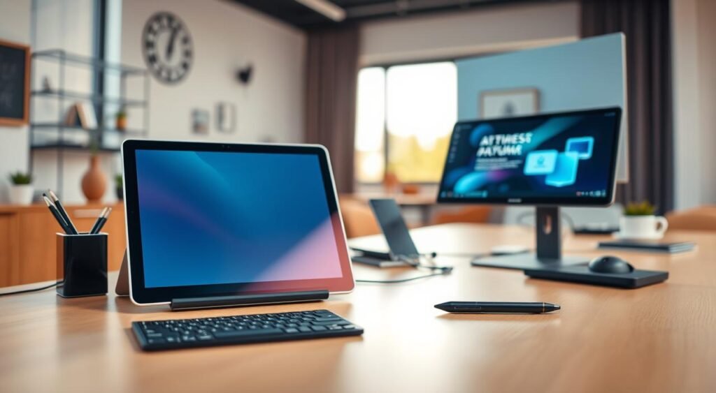 A stylish and modern workspace setup featuring a tablet at the center, with high-quality accessories enhancing productivity. In the foreground, a slim wireless keyboard and an ergonomic stylus are placed next to the tablet. In the middle ground, a sleek mobile stand supports the tablet, angled perfectly for easy viewing. A compatible external monitor displays a vibrant digital workspace. The background features a soft-focus office setting with a contemporary desk, minimalist decor, and warm, natural lighting streaming through a window. Capture this scene with a slight overhead angle, showcasing the tools essential for transforming a tablet into a full workstation. The atmosphere is professional, organized, and inspiring, inviting creativity and efficiency.