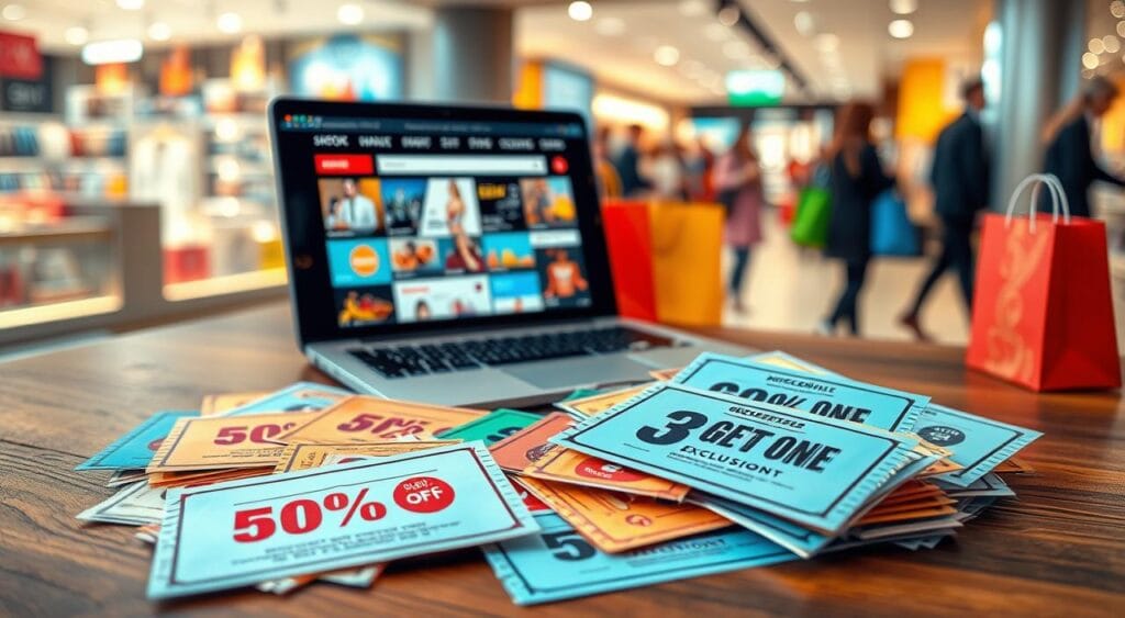 A vibrant and detailed representation of a collection of discount coupons and exclusive offers. In the foreground, a variety of colorful coupon designs featuring bold discount percentages like "50% OFF" and "Buy One Get One Free" creatively scattered across a stylish wooden table. In the middle, a sleek modern laptop displaying a shopping website filled with enticing deals, accompanied by a few shopping bags in cheerful colors. The background features a soft-focus of a well-lit retail environment with shoppers casually browsing. The lighting is bright and inviting, suggesting a lively shopping atmosphere. Capture a sense of excitement and opportunity, emphasizing the theme of finding great deals during a shopping event.