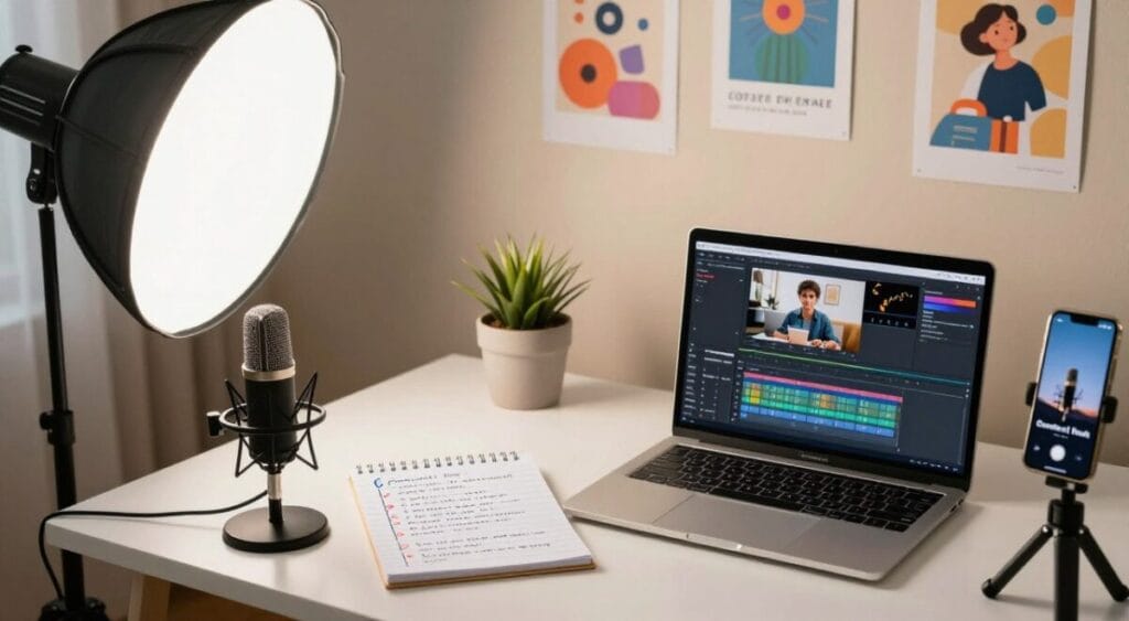 A vibrant digital workspace filled with essential content creation tools. In the foreground, a sleek microphone and a softbox light on a neatly organized desk, with a laptop displaying video editing software. In the middle, a notepad filled with practical tips for content production, and a smartphone on a tripod ready for recording. The background features a cozy, well-lit room with inspirational posters about creativity and content creation. The atmosphere is energetic yet focused, with warm lighting highlighting the workspace, evoking a sense of motivation and productivity. The angle is slightly overhead, capturing the inviting scene while ensuring a professional, polished look. A vibrant digital workspace filled with essential content creation tools. In the foreground, a sleek microphone and a softbox light on a neatly organized desk, with a laptop displaying video editing software. In the middle, a notepad filled with practical tips for content production, and a smartphone on a tripod ready for recording. The background features a cozy, well-lit room with inspirational posters about creativity and content creation. The atmosphere is energetic yet focused, with warm lighting highlighting the workspace, evoking a sense of motivation and productivity. The angle is slightly overhead, capturing the inviting scene while ensuring a professional, polished look.