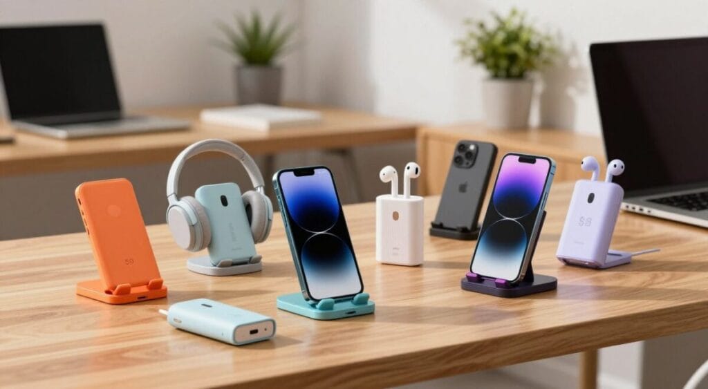 A vibrant display of affordable technology accessories under R$ 50, including a colorful assortment of phone stands, portable chargers, stylish earbuds, and compact USB hubs. The foreground features a sleek wooden desk where these gadgets are neatly organized; the phone stand holds a smartphone positioned for easy access. In the middle, there are small devices like headphones and chargers, well-lit to showcase their design and functionality. The background features a softly blurred modern workspace with a laptop and a potted plant, creating a relaxed, inviting atmosphere. The natural light casts gentle shadows, enhancing the textures of the accessories. The overall mood is tech-savvy and accessible, appealing to readers looking for valuable digital tools that enhance daily life. A vibrant display of affordable technology accessories under R$ 50, including a colorful assortment of phone stands, portable chargers, stylish earbuds, and compact USB hubs. The foreground features a sleek wooden desk where these gadgets are neatly organized; the phone stand holds a smartphone positioned for easy access. In the middle, there are small devices like headphones and chargers, well-lit to showcase their design and functionality. The background features a softly blurred modern workspace with a laptop and a potted plant, creating a relaxed, inviting atmosphere. The natural light casts gentle shadows, enhancing the textures of the accessories. The overall mood is tech-savvy and accessible, appealing to readers looking for valuable digital tools that enhance daily life.