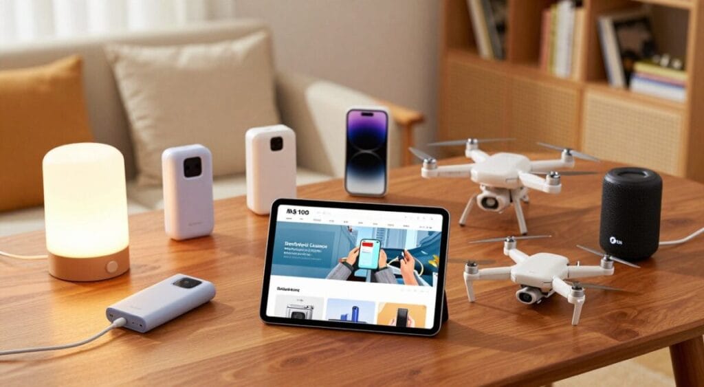 A vibrant, organized display of innovative gadgets under R$ 100, showcasing a variety of tech items like a smart lamp, portable charger, mini drone, and Bluetooth speaker. In the foreground, focus on a sleek tablet displaying a gadget comparison website, surrounded by the gadgets beautifully arranged on a polished wooden table with a warm, inviting light illuminating the scene. The middle background features a cozy living space with soft cushions and a bookshelf, suggesting a home environment ideal for technology enthusiasts. The lighting should create a bright and optimistic atmosphere, using natural light from a nearby window, while the camera angle is slightly overhead for a clearer view of the items. The overall mood reflects excitement and curiosity for discovering affordable yet useful gadgets. 10 gadgets úteis até R$150 na Amazon que você não sabia que precisava.