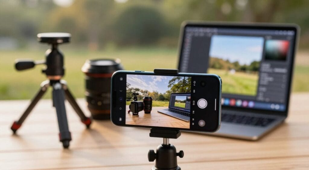A visually captivating image showcasing a modern smartphone prominently displaying its advanced camera features. In the foreground, focus on the smartphone, which should have multiple lenses and an illuminated screen demonstrating a vibrant photo captured using these features. In the middle ground, include elegant photography accessories like a compact tripod, lenses, and editing software displayed on a tablet. The background should be softly blurred, featuring an outdoor setting with natural light, capturing the essence of photography in action. The light should create a warm and inviting atmosphere, emphasizing creativity and innovation. The overall mood should be modern and tech-savvy, appealing to photography enthusiasts. A visually captivating image showcasing a modern smartphone prominently displaying its advanced camera features. In the foreground, focus on the smartphone, which should have multiple lenses and an illuminated screen demonstrating a vibrant photo captured using these features. In the middle ground, include elegant photography accessories like a compact tripod, lenses, and editing software displayed on a tablet. The background should be softly blurred, featuring an outdoor setting with natural light, capturing the essence of photography in action. The light should create a warm and inviting atmosphere, emphasizing creativity and innovation. The overall mood should be modern and tech-savvy, appealing to photography enthusiasts.