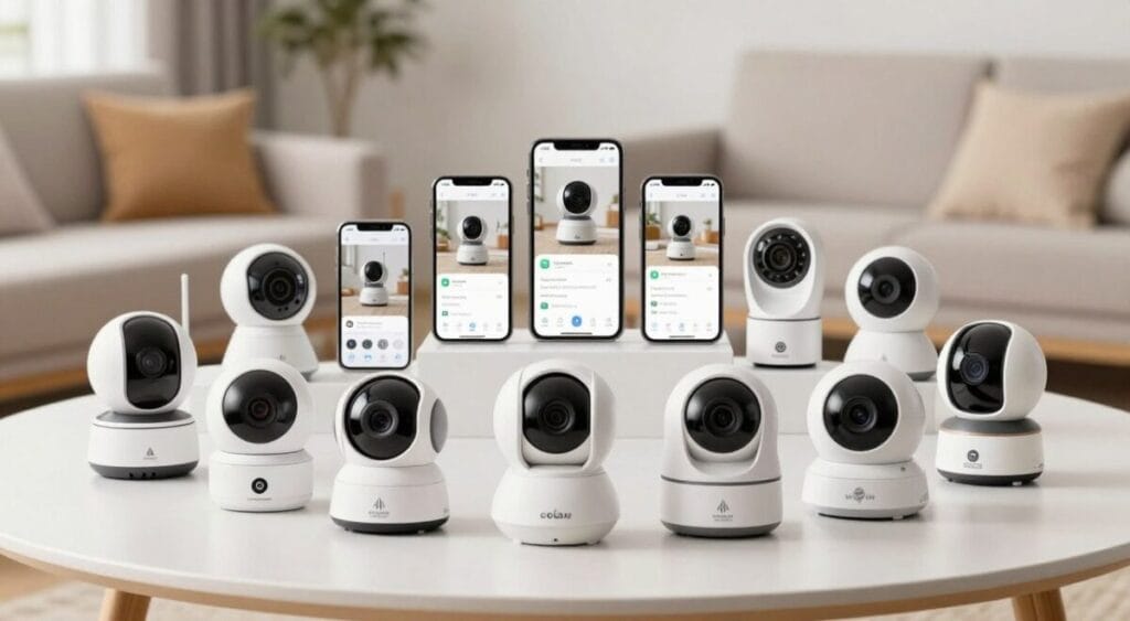 A visually striking comparative display of affordable home security cameras, featuring multiple models arranged on a sleek, modern table with a minimalist design. In the foreground, showcase diverse camera designs, including bullet and dome styles, emphasizing their unique features like antennas and lenses. The middle ground includes an engaging layout of smartphone screens showing live feeds from these cameras, demonstrating their user-friendly interfaces. In the background, a cozy, well-lit living room scene evokes a sense of home security and comfort. Soft, natural lighting illuminates the setup, creating an inviting atmosphere. The overall mood should convey safety, accessibility, and innovation in home surveillance.