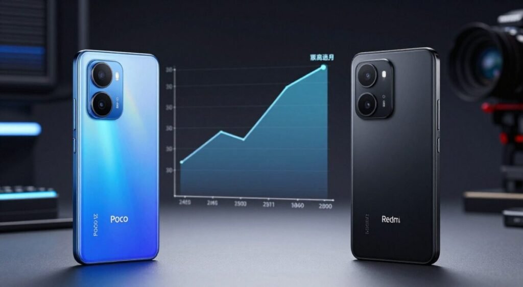 A visually striking comparison image featuring two smartphones: the Poco X6 Pro and the Redmi Note 13 Pro, placed prominently in the foreground on a sleek, modern surface. The Poco X6 Pro, with a vibrant blue hue and angular design, is on the left, while the Redmi Note 13 Pro, in a sophisticated black finish, occupies the right. In the middle ground, a dynamic graph illustrates key specifications such as battery life, processor speed, and display quality, seamlessly integrated into the scene. The background features a blurred, tech-inspired environment with subtle lighting emphasizing the sleek lines of the phones. The overall atmosphere is high-tech and competitive, suggesting a duel between the two devices for mobile gaming supremacy, captured with a professional camera angle to highlight their features.