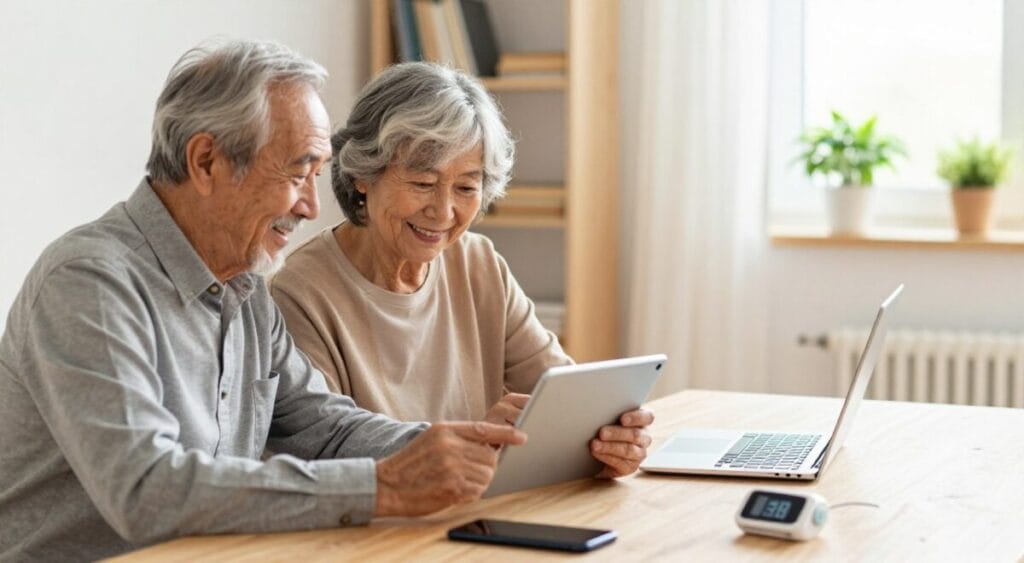 A warm and inviting scene showcasing elderly individuals engaging with technology, emphasizing digital inclusion. In the foreground, an elderly man and woman, both dressed in modest casual clothing, sit together at a cozy table, smiling as they explore a tablet. Soft, natural lighting bathes the scene, creating a welcoming atmosphere. In the middle ground, a few tech gadgets lie scattered around: a simple smartphone, an easy-to-use laptop, and a digital health monitor. In the background, a bright, airy room with shelves containing books and plants adds to the homely feel. The overall mood is one of connection, learning, and empowerment, highlighting the positive impact of technology on the lives of older adults. A warm and inviting scene showcasing elderly individuals engaging with technology, emphasizing digital inclusion. In the foreground, an elderly man and woman, both dressed in modest casual clothing, sit together at a cozy table, smiling as they explore a tablet. Soft, natural lighting bathes the scene, creating a welcoming atmosphere. In the middle ground, a few tech gadgets lie scattered around: a simple smartphone, an easy-to-use laptop, and a digital health monitor. In the background, a bright, airy room with shelves containing books and plants adds to the homely feel. The overall mood is one of connection, learning, and empowerment, highlighting the positive impact of technology on the lives of older adults.