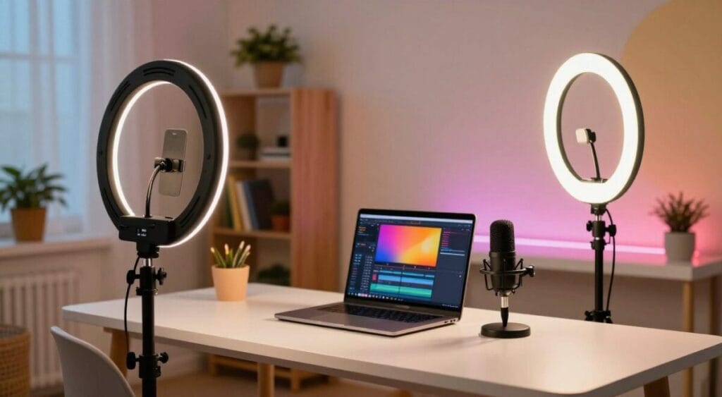 A well-lit content creation setup featuring an affordable, adjustable ring light casting soft, warm light onto a modern desk with a sleek laptop, microphone, and colorful backdrops. In the foreground, the ring light is illuminated, showcasing its adjustable brightness. In the middle ground, focus on the desk area with the laptop open to a vibrant editing software screen, and the microphone positioned for optimal sound pickup. The background features a neat corner of a room with a stylish bookshelf and potted plants, enhancing the creative atmosphere. The overall mood is inspiring and professional, inviting budding creators to envision their own content-making space. Use a wide-angle lens for an immersive view that highlights the lighting and equipment. Guia do Criador de Conteúdo Iniciante em 2026