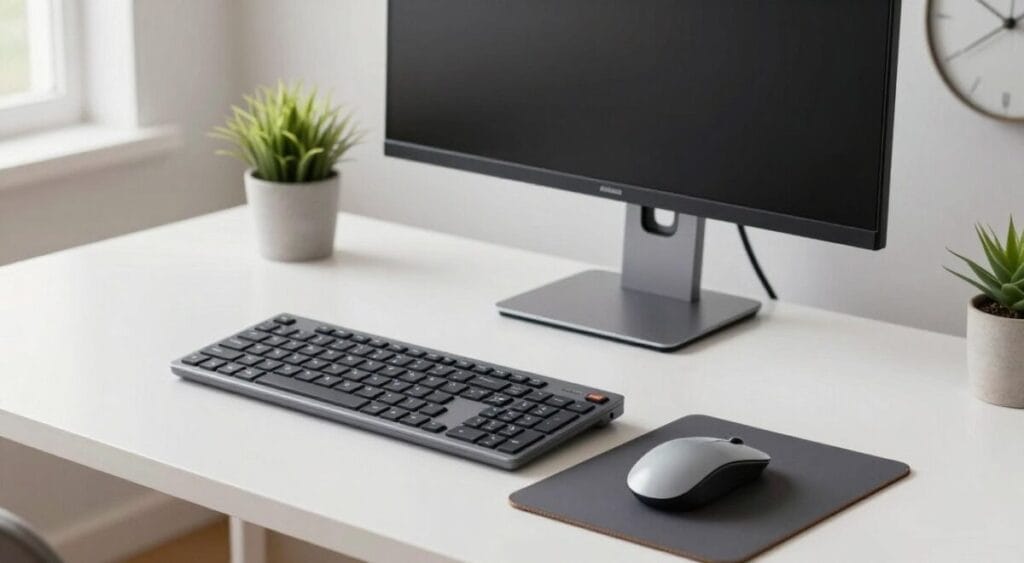A well-organized and functional home office kit displayed on a sleek, modern desk. In the foreground, a high-quality ergonomic keyboard and an elegant wireless mouse are positioned on a stylish mouse pad. A sturdy yet aesthetically pleasing monitor stand elevates a slim computer monitor, providing an inviting workspace. In the background, soft natural light streams through a nearby window, illuminating a minimalist decor of indoor plants and a tasteful wall clock, creating a calming atmosphere. The scene should convey productivity and comfort, with a tidy arrangement that highlights each component's role in enhancing workflow. Use a slightly elevated angle to capture depth and ensure all items are in focus, emphasizing a clean, professional look. A well-organized and functional home office kit displayed on a sleek, modern desk. In the foreground, a high-quality ergonomic keyboard and an elegant wireless mouse are positioned on a stylish mouse pad. A sturdy yet aesthetically pleasing monitor stand elevates a slim computer monitor, providing an inviting workspace. In the background, soft natural light streams through a nearby window, illuminating a minimalist decor of indoor plants and a tasteful wall clock, creating a calming atmosphere. The scene should convey productivity and comfort, with a tidy arrangement that highlights each component's role in enhancing workflow. Use a slightly elevated angle to capture depth and ensure all items are in focus, emphasizing a clean, professional look.
