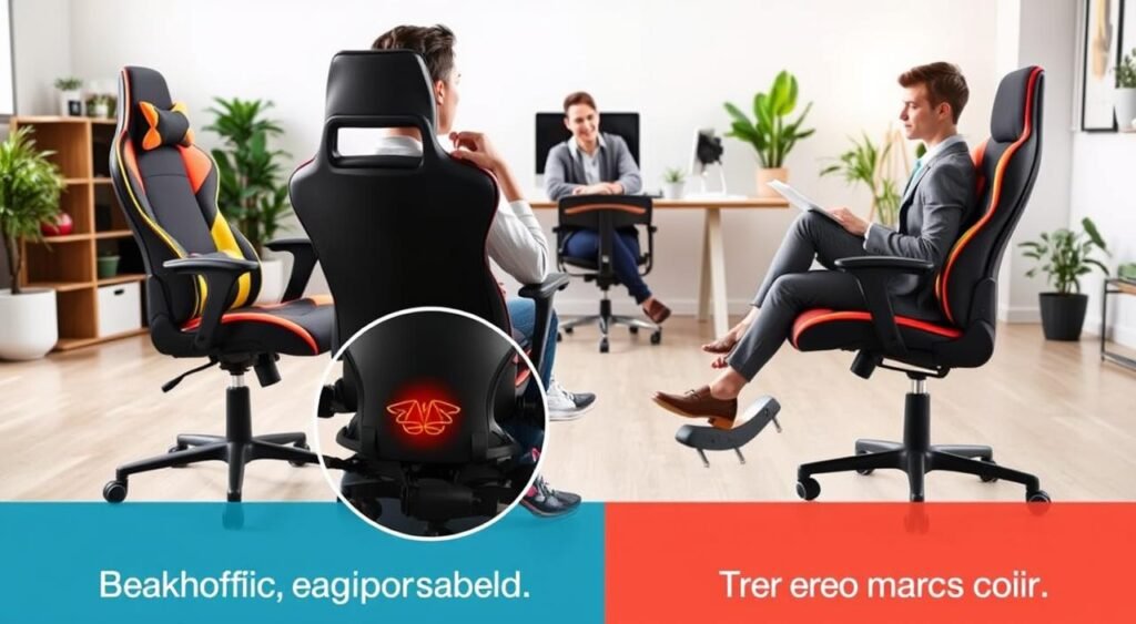 A well-organized home office scene featuring two distinct chairs: a sleek, modern gaming chair with vibrant color accents on one side, and a stylish ergonomic chair with adjustable features on the other. In the foreground, a visually engaging comparison highlights the ergonomic design and lumbar support of both chairs, with close-up shots of their unique features. The middle ground displays a young professional in modest business attire, thoughtfully contemplating their choice between the two chairs, sitting comfortably on the ergonomic chair. The background features a softly lit room with a minimalist desk, a computer setup, and plants, conveying a productive yet relaxed atmosphere. The overall mood is informative and inviting, emphasizing the importance of choosing the right chair for comfort and health.