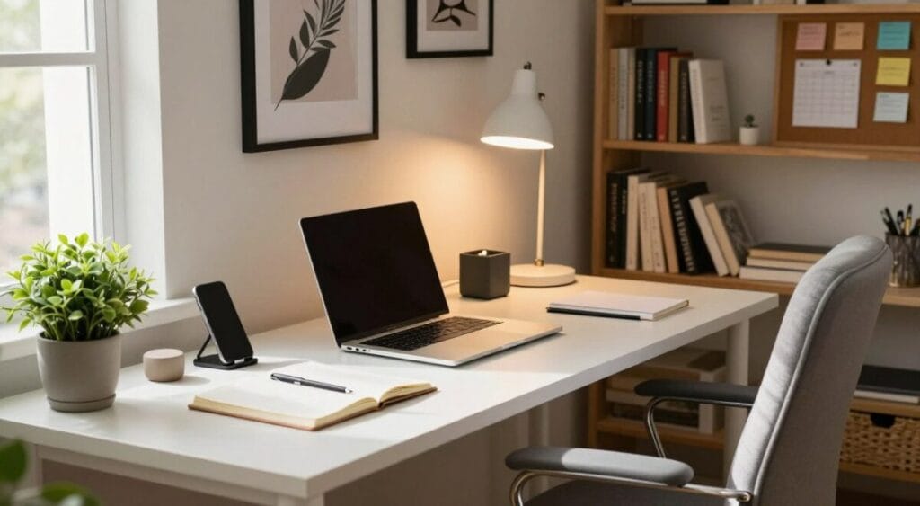 A well-organized home office setup featuring a clean, modern desk with a laptop, notebooks, and small tech accessories like a phone stand, cable organizers, and a stylish desk lamp. The foreground includes a neatly arranged potted plant adding a touch of greenery, alongside a comfortable ergonomic chair in soft fabric. In the middle, the desk is illuminated by natural light streaming through a nearby window, creating a warm and inviting atmosphere. The background showcases a tastefully decorated wall with framed art, bookshelves filled with neatly arranged books, and a bulletin board for notes. The mood conveys productivity and tranquility, ideal for an effective study or work environment, demonstrating harmony between technology and organization. A well-organized home office setup featuring a clean, modern desk with a laptop, notebooks, and small tech accessories like a phone stand, cable organizers, and a stylish desk lamp. The foreground includes a neatly arranged potted plant adding a touch of greenery, alongside a comfortable ergonomic chair in soft fabric. In the middle, the desk is illuminated by natural light streaming through a nearby window, creating a warm and inviting atmosphere. The background showcases a tastefully decorated wall with framed art, bookshelves filled with neatly arranged books, and a bulletin board for notes. The mood conveys productivity and tranquility, ideal for an effective study or work environment, demonstrating harmony between technology and organization.