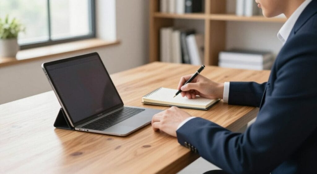 A well-organized workspace featuring a sleek tablet and a compact notebook side by side on a stylish wooden desk. In the foreground, a professional individual dressed in smart business attire intently studies the devices, demonstrating a thoughtful selection process. The middle ground showcases a bright, modern office environment, with soft natural lighting filtering through large windows, creating a warm, inviting atmosphere. The background includes shelves filled with books and plants, adding a touch of sophistication. The camera angle is slightly above eye level, creating a dynamic perspective that emphasizes the focus on the devices. The overall mood is one of professionalism and contemplation, reflecting the importance of choice based on individual needs for work efficiency. A well-organized workspace featuring a sleek tablet and a compact notebook side by side on a stylish wooden desk. In the foreground, a professional individual dressed in smart business attire intently studies the devices, demonstrating a thoughtful selection process. The middle ground showcases a bright, modern office environment, with soft natural lighting filtering through large windows, creating a warm, inviting atmosphere. The background includes shelves filled with books and plants, adding a touch of sophistication. The camera angle is slightly above eye level, creating a dynamic perspective that emphasizes the focus on the devices. The overall mood is one of professionalism and contemplation, reflecting the importance of choice based on individual needs for work efficiency.