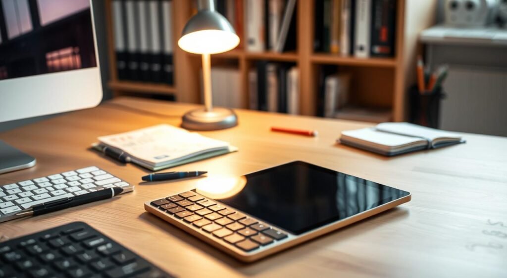 A well-organized workspace featuring a tablet surrounded by essential accessories that enhance productivity. In the foreground, a sleek tablet rests on a minimalist wooden desk alongside a wireless keyboard, a stylish pen, and a notepad filled with colorful annotations. The middle layer showcases a dynamic desk lamp emitting a warm glow, illuminating the workspace. In the background, a soft-focus bookshelf holds neatly arranged books and office supplies, creating a sense of order. The lighting is bright yet soft, suggesting an inviting atmosphere ideal for focused work. Capture this scene from a slightly elevated angle, emphasizing the accessories that complement modern work demands. The overall mood should be professional and inspiring, perfect for illustrating the concept of a transformed workspace.