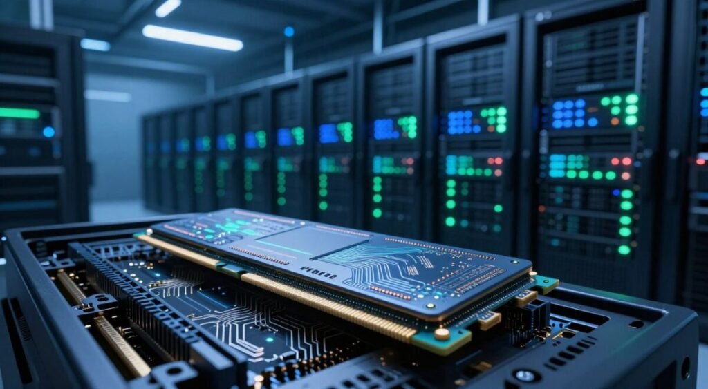 An advanced server room with high-tech AI capabilities, prominently featuring a close-up view of HBM (High Bandwidth Memory) modules glowing softly in the foreground. The modules are intricately detailed, showcasing their complex circuitry and sleek design. In the middle ground, rows of powerful servers pulsate with LED lights, hinting at their immense processing power. The background reveals a bustling data center, filled with servers and racks, all bathed in cool blue and green ambient lighting, creating a futuristic atmosphere. The perspective is slightly angled from below, emphasizing the height and grandeur of the server space. The overall mood conveys innovation and technological advancement, highlighting the critical role of HBM in modern AI applications.