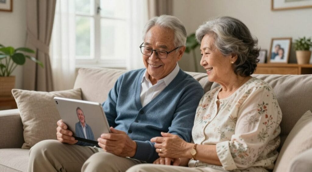 An elderly couple, one man and one woman, sitting comfortably on a cozy sofa in a warm, inviting living room, engaged in a video call using a tablet. The man, wearing glasses and a casual blue cardigan, and the woman, in a light floral blouse, are smiling as they interact with family members displayed on the screen. Soft, natural light filters through a nearby window, creating a calming atmosphere. In the background, homey details like family photos and potted plants enhance the scene, reinforcing a sense of connection. The camera angle captures the warmth of their interaction, focusing on their joyful expressions and the tablet they are using. An elderly couple, one man and one woman, sitting comfortably on a cozy sofa in a warm, inviting living room, engaged in a video call using a tablet. The man, wearing glasses and a casual blue cardigan, and the woman, in a light floral blouse, are smiling as they interact with family members displayed on the screen. Soft, natural light filters through a nearby window, creating a calming atmosphere. In the background, homey details like family photos and potted plants enhance the scene, reinforcing a sense of connection. The camera angle captures the warmth of their interaction, focusing on their joyful expressions and the tablet they are using.