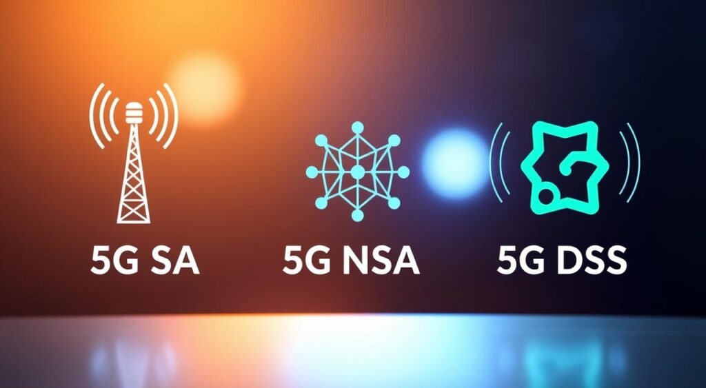 An icon representing the concepts of 5G technology, featuring distinct visual elements for 5G SA, 5G NSA, and 5G DSS. In the foreground, showcase three stylized icons, each symbolizing one technology: a solid signal tower for 5G SA, a connected network grid for 5G NSA, and a hybrid symbol for 5G DSS. In the middle, use vibrant colors such as blue and green to represent technology and connectivity, with faint, abstract signal waves emanating from each icon. The background should be a soft gradient, transitioning from light to dark, suggesting depth and innovation. The lighting should be bright and modern, reflecting a high-tech atmosphere, captured from a slightly elevated angle to emphasize the icons' importance in the realm of telecommunications.