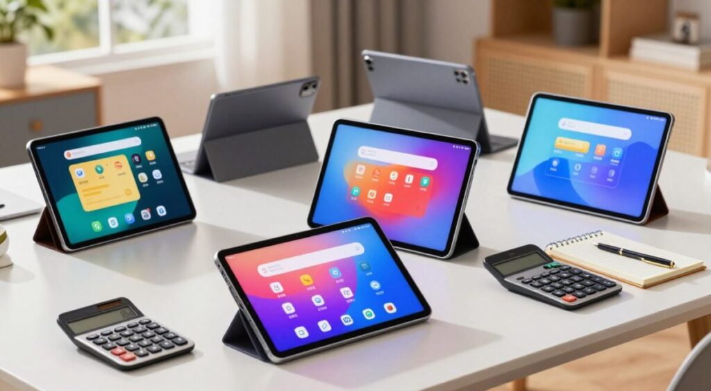 An illustrative scene depicting a variety of Chinese tablets, such as Doogee, Blackview, and Teclast, arranged on a sleek, modern desk. The foreground shows a couple of tablets with clear displays showcasing their vibrant interfaces, while a calculator and notepad are placed beside them, emphasizing a price comparison theme. In the middle ground, blurred but recognizable, are more tablets in different colors and sizes, suggesting a range of options. The background features a softly lit room with warm natural light streaming through a window, creating a cozy atmosphere. The perspective is slightly angled from above, inviting viewers into the scene. Overall, the mood is informative and engaging, perfect for highlighting cost-benefit analysis in technology.