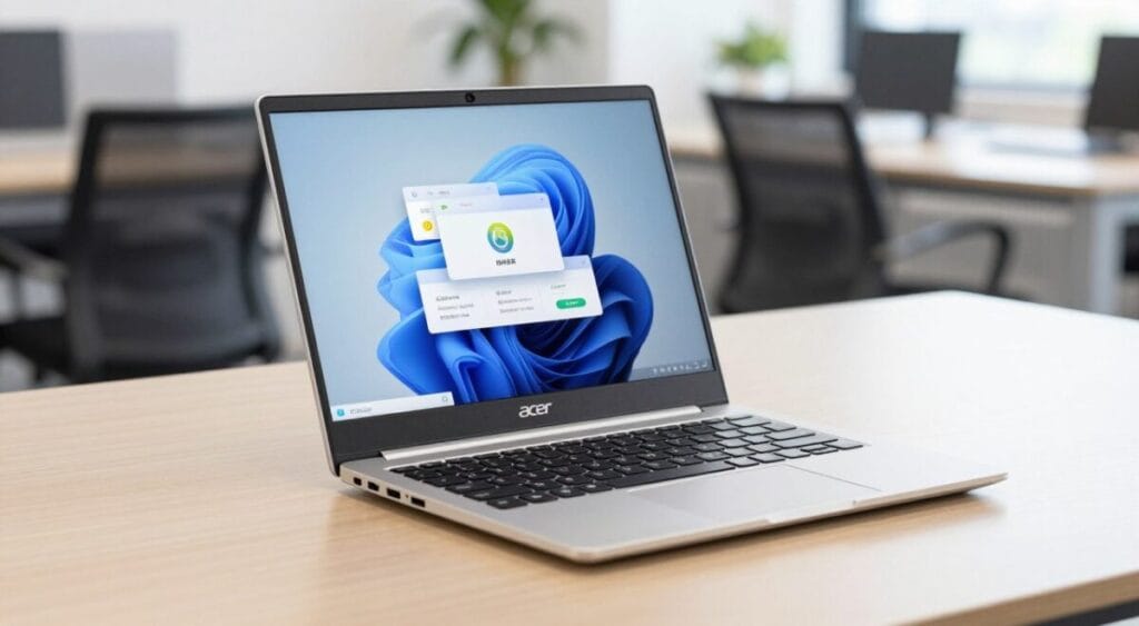 Gere uma imagem do Acer Chromebook Spin 714 aberto em modo notebook, destacando sua tela touchscreen e design elegante.