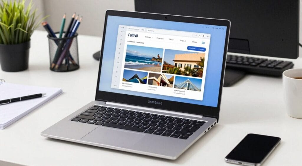 Imagem de um Samsung Galaxy Book4 aberto, mostrando sua tela Full HD Imagem de um Samsung Galaxy Book4 aberto, mostrando sua tela Full HD