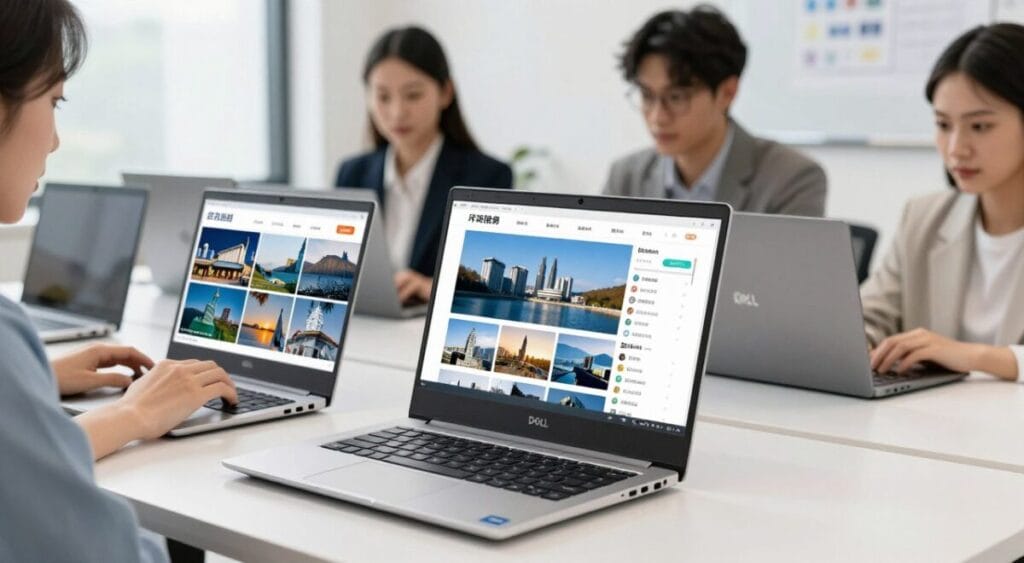 Imagem do Dell Inspiron 150U-M50 com sua tela girada em diferentes modos de uso.