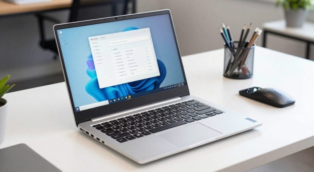 Imagem do Lenovo IdeaPad Flex 5 aberto em uma mesa.
