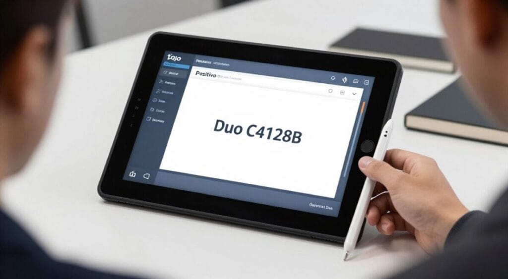 Imagem do Positivo Duo C4128B em uso, mostrando sua tela touchscreen e caneta capacitiva.