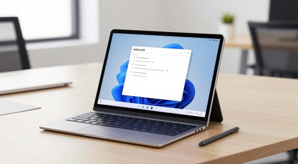 Imagem do Samsung Galaxy Book3 360 em modo tablet, destacando a tela sensível ao toque e a caneta S Pen. Imagem do Samsung Galaxy Book3 360 em modo tablet, destacando a tela sensível ao toque e a caneta S Pen.