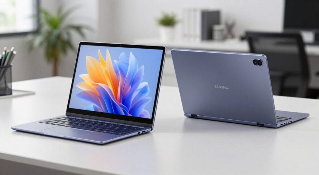 Imagem do Samsung Galaxy Book4 360 aberto e fechado, destacando sua tela AMOLED e design premium