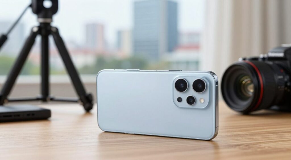 A close-up image of a modern smartphone, focusing on its advanced camera module featuring multiple lenses and a sleek design. The phone should be placed on a wooden table surrounded by photography equipment like a tripod and a camera lens, showcasing its alignment with mobile photography innovations. In the background, a softly blurred cityscape can be seen, hinting at a vibrant urban life. Bright, natural light filters through a nearby window, creating a pleasant and inviting atmosphere that emphasizes the phone’s photography capabilities. Ideal framing should capture the smartphone from a slight angle to highlight its features while maintaining a professional and polished look, suitable for an article on mobile photography quality.