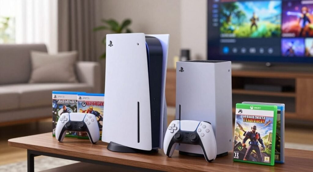 A close-up view of a PlayStation 5 and Xbox Series X side by side, showcasing their unique designs, with an emphasis on their sleek, modern aesthetics. The consoles are placed on a stylish wooden shelf, with several popular game titles displayed nearby in their cases. Soft natural lighting illuminates the scene, creating a warm ambiance, while a blurred living room background features a comfortable sofa and a large TV screen displaying a vibrant gaming interface. The mood is inviting and exciting, hinting at the thrill of gaming. Shot from a slightly elevated angle to capture the details of the consoles and games, evoking the experience of choosing the right console for years of enjoyment.