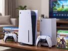A close-up view of a PlayStation 5 and Xbox Series X side by side, showcasing their unique designs, with an emphasis on their sleek, modern aesthetics. The consoles are placed on a stylish wooden shelf, with several popular game titles displayed nearby in their cases. Soft natural lighting illuminates the scene, creating a warm ambiance, while a blurred living room background features a comfortable sofa and a large TV screen displaying a vibrant gaming interface. The mood is inviting and exciting, hinting at the thrill of gaming. Shot from a slightly elevated angle to capture the details of the consoles and games, evoking the experience of choosing the right console for years of enjoyment.