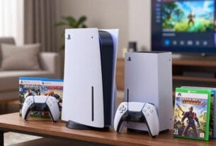 A close-up view of a PlayStation 5 and Xbox Series X side by side, showcasing their unique designs, with an emphasis on their sleek, modern aesthetics. The consoles are placed on a stylish wooden shelf, with several popular game titles displayed nearby in their cases. Soft natural lighting illuminates the scene, creating a warm ambiance, while a blurred living room background features a comfortable sofa and a large TV screen displaying a vibrant gaming interface. The mood is inviting and exciting, hinting at the thrill of gaming. Shot from a slightly elevated angle to capture the details of the consoles and games, evoking the experience of choosing the right console for years of enjoyment.
