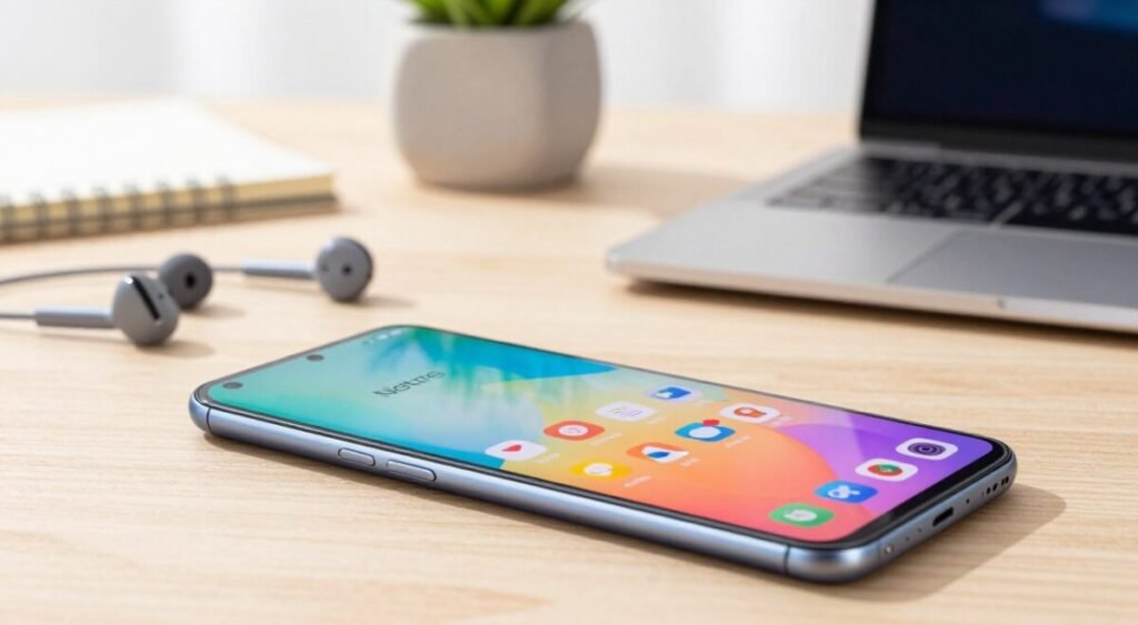 A close-up view of a Realme Note smartphone showcased in the foreground, with its sleek design and modern aesthetic highlighted. The device should be positioned at a slight angle, capturing the shimmering glass back and vibrant display, featuring a colorful app interface. The middle ground includes a soft-focus view of stylish accessories like earbuds and a protective case, emphasizing the phone's lifestyle appeal. In the background, a contemporary workspace with subtle elements such as a laptop, a notepad, and a plant creates a warm, inviting atmosphere. The lighting is bright yet soft, simulating natural daylight that elegantly reflects off the phone's surface, conveying a sense of innovation and modernity. The overall mood is professional and engaging, suitable for a tech-savvy audience.