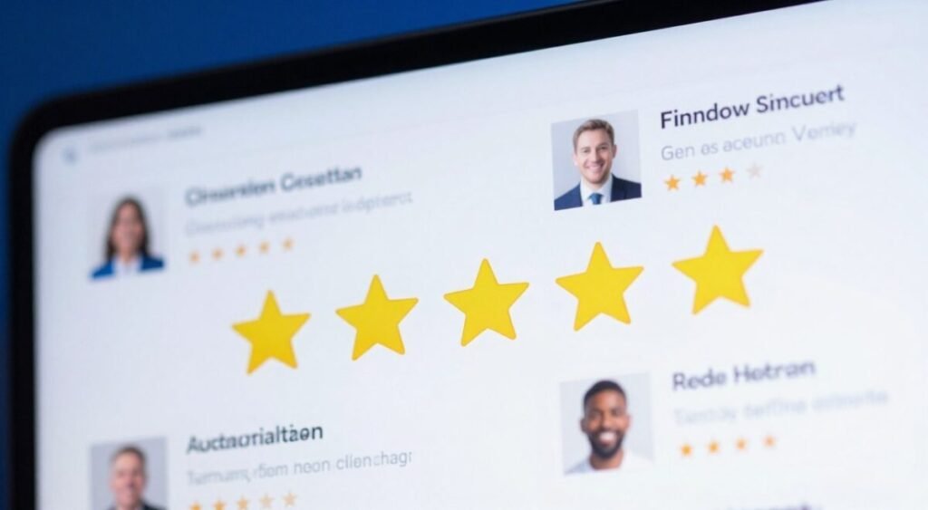 A close-up view of a digital rating interface showing customer reviews on a tech product, prominently featuring a vibrant five-star rating system. In the foreground, include stylized star icons, each glowing slightly to convey positive feedback. The middle layer consists of a soft-focus display of user reviews, with small avatars of satisfied customers in professional attire, indicating diverse demographic representation. The background features a subtle gradient of blue and white, evoking a modern and tech-savvy atmosphere. Soft, diffused lighting creates a welcoming ambiance, while a shallow depth of field emphasizes the star ratings. The overall mood is cheerful and encouraging, reflecting positive customer experiences.