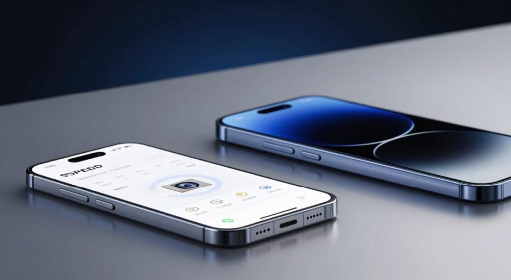 A close-up view of a modern smartphone displayed on a sleek, reflective surface. In the foreground, detailed technical specifications are elegantly showcased alongside the smartphone, featuring key features like processor speed, camera quality, and battery life, visually represented through icons and infographics. The middle ground highlights the smartphone's stylish design with a glossy finish, showcasing the display and camera layout prominently. The background is softly blurred with a gradient that transitions from dark blue to black, enhancing the focus on the device. Soft, diffused lighting illuminates the scene, creating a professional and sophisticated atmosphere. The shot is captured from a slight angle to add depth while maintaining a clean and minimalist aesthetic.